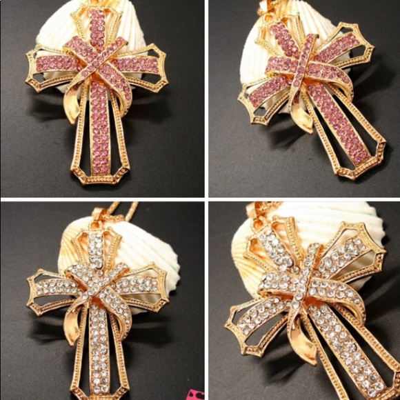 New Crystal Cross BetseyJohnson Sweater Necklace - Picture 1 of 14